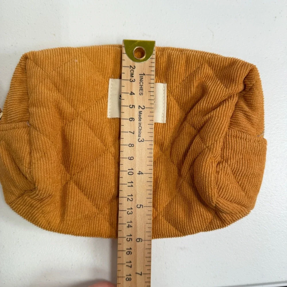 Sezane OS Pouch Quilted Corduroy Toiletry Bag Camel Brown Patchwork Lining Boho
